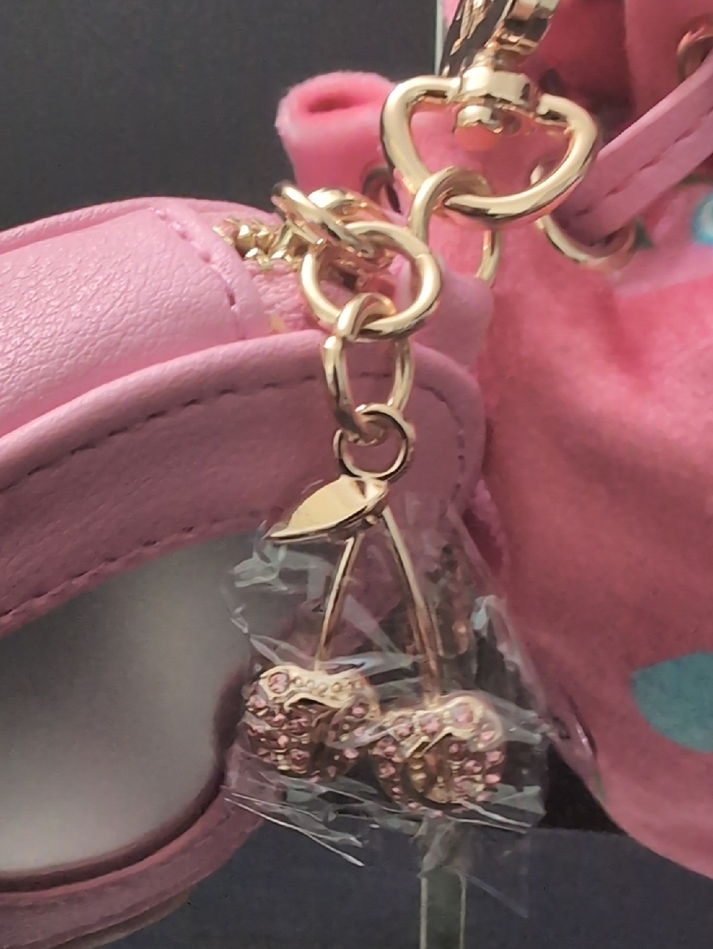 NWT,Juicy Couture Velour Micro Bag And Pouch Set In Pink with Cherry Print. - Picture 4 of 11